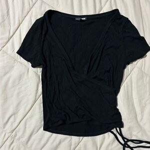 Fashion Nova Black Ribbed Wrap Blouse